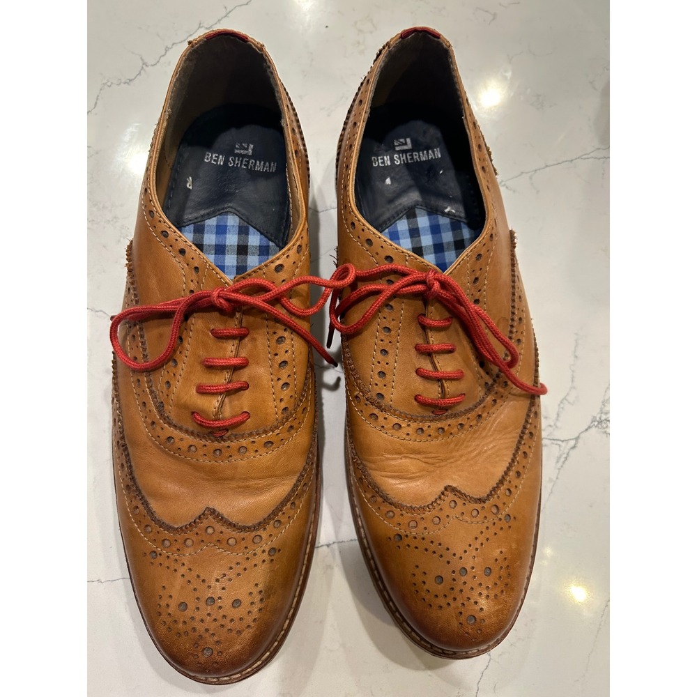 Ben Sherman Wingtip Oxfords Tan Leather Red Laces Brogue Dress Shoes Mens 44 - Picture 1 of 9